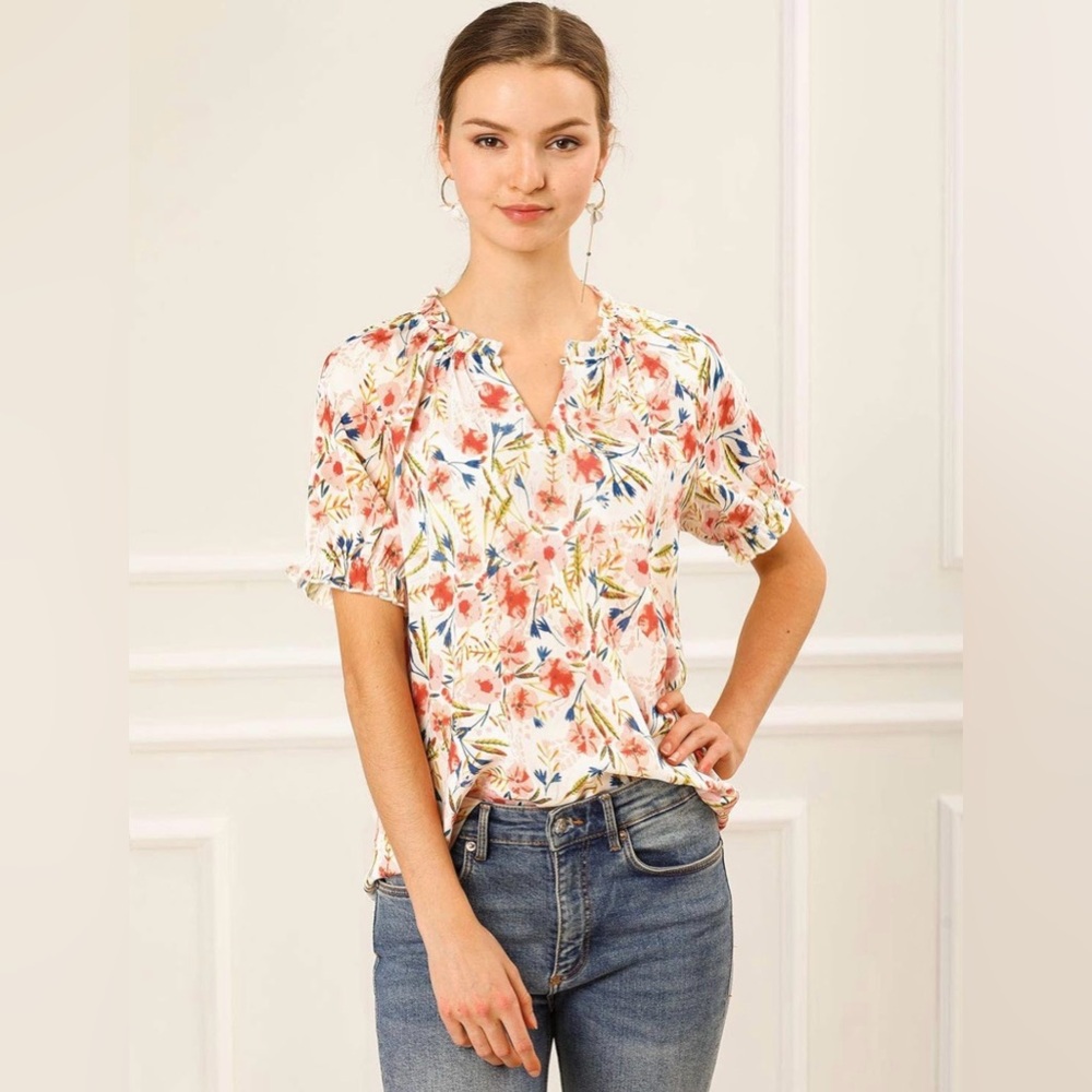 Allegra K Floral Blouse with Red and Blue Accents